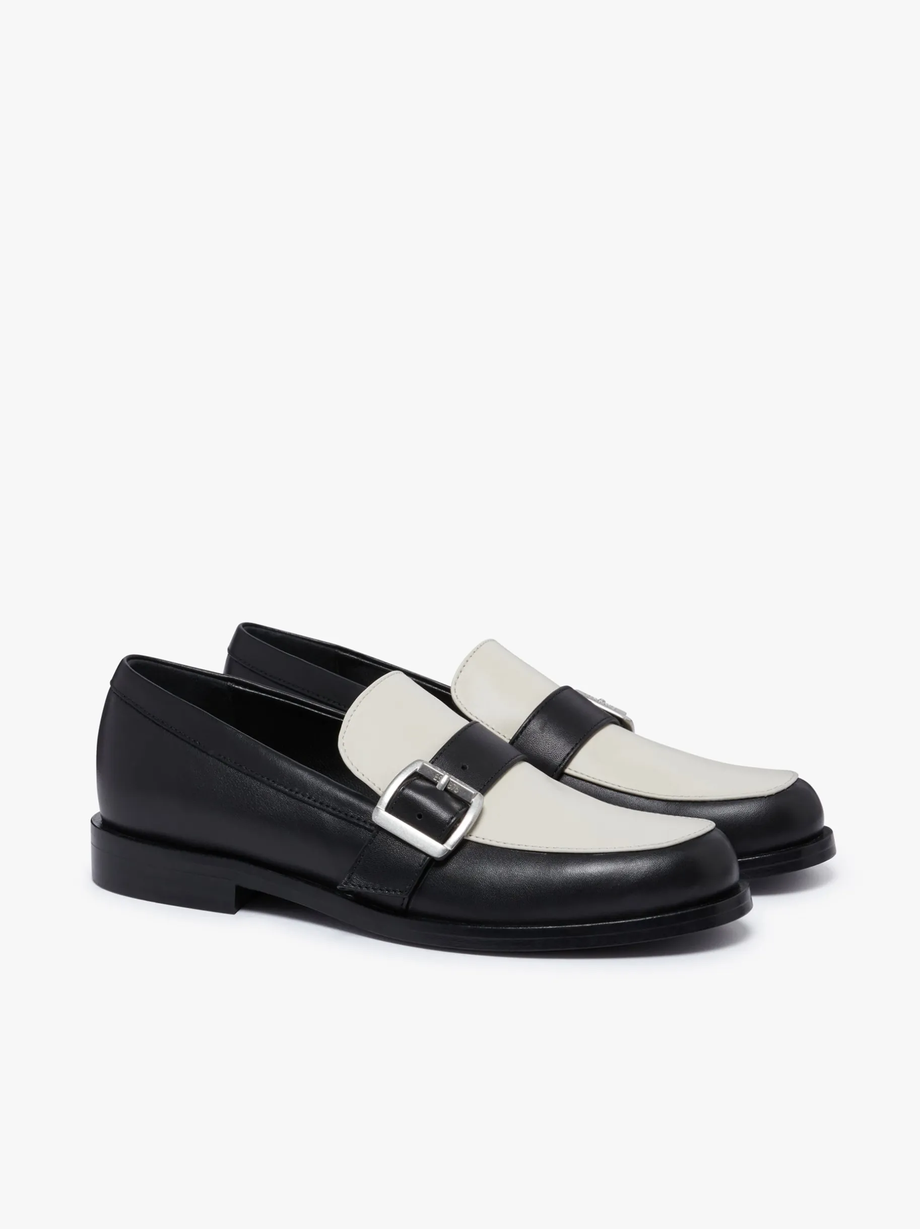 Hot Monty Buckle Loafers Black and Off White Leather Women Penny Loafers