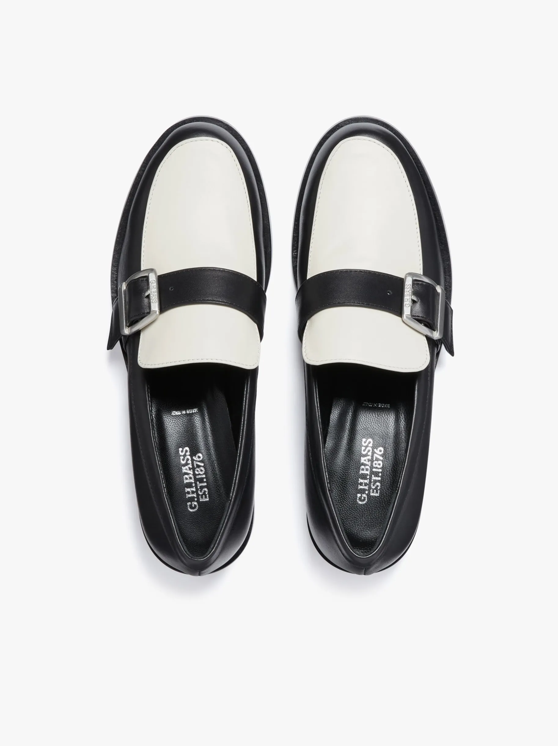 Hot Monty Buckle Loafers Black and Off White Leather Women Penny Loafers