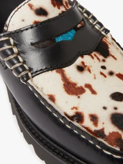 New Whitney Super Lug Penny Loafers Black Leather with Cow Print Women Chunky Loafers